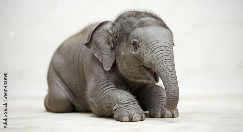 Fototapeta premium B�b� �l�phant adorable pose paisible lumi�re douce fond neutre. AI Generated