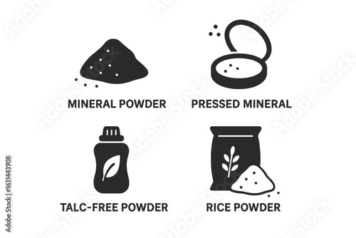 Cosmetic powder glyph icon set. Mineral, pressed, talc-free, and rice powder. Solid vector symbols for beauty, makeup, and skincare product design. Isolated on white.