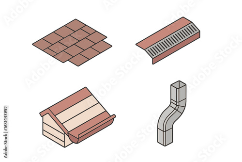 Roofing construction icon set. Isometric vector illustration of house building materials like asphalt shingle, ridge vent, siding, gutter, and downspout elements.