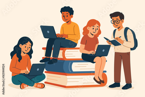 Team of students studying with laptops sitting on a big stack of books. Concept of e-learning, online education, teamwork and knowledge. Vector cartoon illustration.