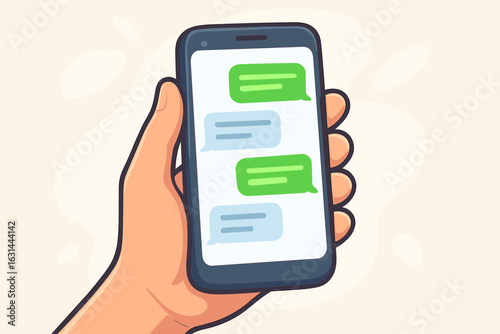 Hand holding smartphone with text messages on screen. Chatting concept, online conversation. Mobile phone with chat bubbles. Communication, dialogue, messaging app vector cartoon.