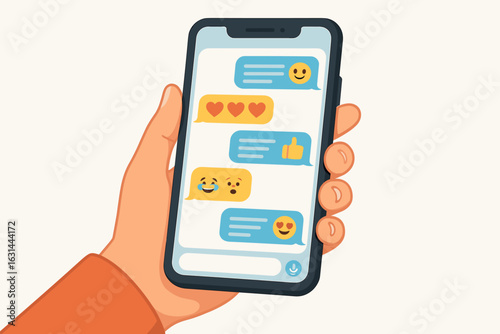 Hand holding smartphone with text messaging app. Screen shows chat conversation bubbles with various emojis. Social media communication concept. Vector cartoon illustration.