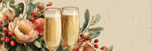 Elegant celebration with sparkling beverages and floral arrangement in soft colors for special occasions