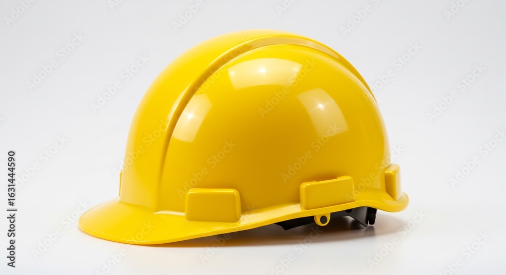 Fototapeta premium Casque jaune vif eclaire fond blanc pur securite travail. AI Generated