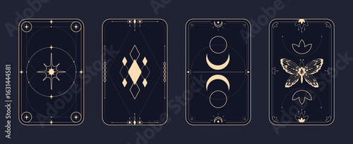 Tarot frame designs with mystical symbols and celestial elements for divination cards. Occult decorative borders with moon phases and geometric patterns. Esoteric templates for fortune telling decks.