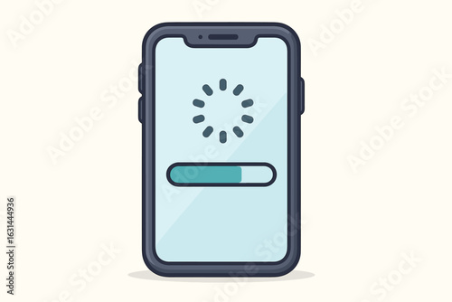 Smartphone system update. Mobile phone software upgrade with loading progress bar and spinner icon. Installing new application or firmware. Vector cartoon illustration.