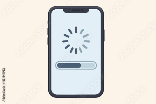 Smartphone system update. Mobile phone with loading wheel and progress bar on screen. Concept of software installation, data download, or upgrade process. Vector cartoon.