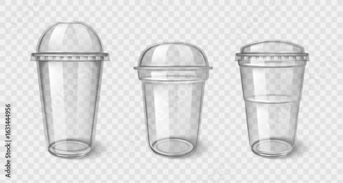 Plastic takeaway cups with transparent lid - clear disposable coffee, tea or cocktail containers. Beverage vessels with dome and flat covers for hot or cold drinks. Realistic takeaway glasses mockups