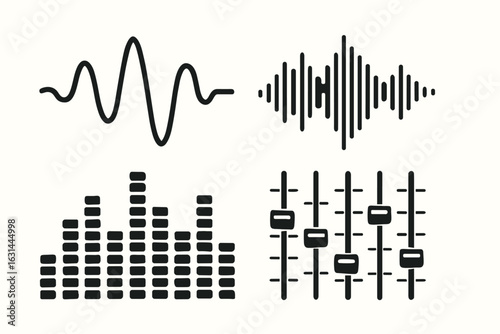Set of vector sound waves and audio equalizer icons. Music waveform, soundwave spectrum, and frequency amplitude graphics. Sound signal, pulse, and mixer fader symbols.