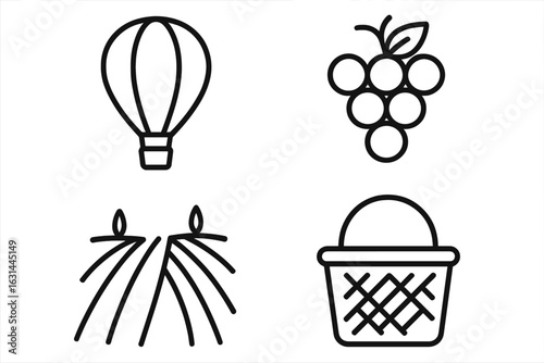 Vineyard icon set with linear symbols for wine tourism and grape harvesting. Features hot air balloon, grape cluster, vine rows, and harvest basket. Viticulture vector.