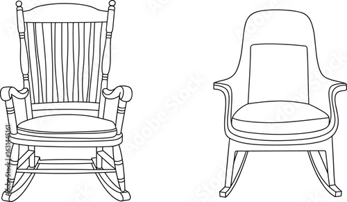 Flat vector drawing of classic wooden rocking chair and modern upholstered rocking chair front view, furniture line art illustration