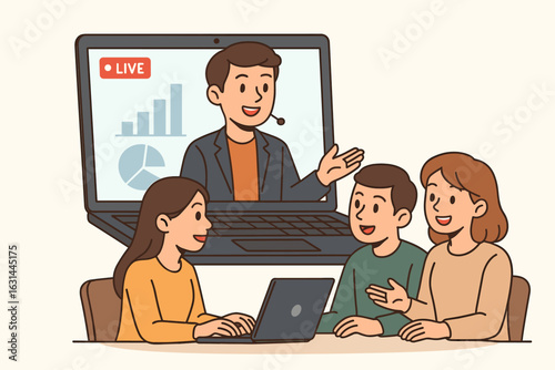 Live webinar and online business course with a team meeting for training. People talking and using laptops for e-learning. Virtual presentation on computer screen concept.