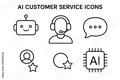 AI driven customer service icon collection. Outline vector graphic set with chatbot, support agent, speech bubble, feedback star and artificial intelligence chip for web design.