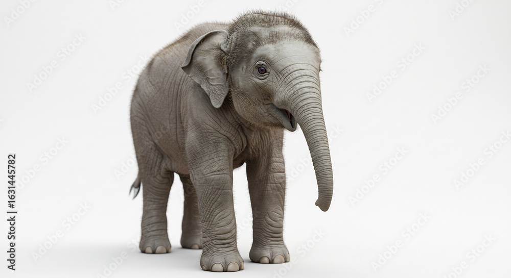 Fototapeta premium Adorable jeune �l�phant pose doucement lumi�re douce fond blanc. AI Generated