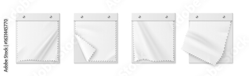 White fabric swatch mockup set of textile samples with zigzag edges. Blank canvas material pieces with folded corners for fashion presentation design catalogs or interior decoration portfolios.