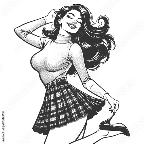 pin-up girl wearing a plaid skirt and tight turtleneck, smiling and posing playfully sketch engraving generative ai fictional character vector illustration. Scratch board imitation. Black and white.
