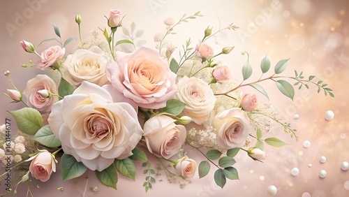 Elegant Blush Pink and Cream Roses Bouquet; Romantic Floral Arrangement; Soft, Dreamy Background.