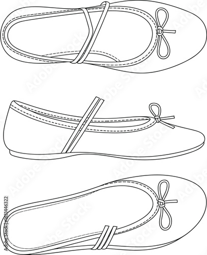 Flat detailed line drawing of women ballerina flats, fashion footwear design, elegant ballet shoes template, top side front view