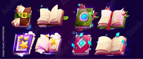 Magic book set for game interface - spellbooks with glowing gems, mystical orbs, enchanted pages and colorful covers by fantasy design, open grimoires with mushrooms, stars, crystals and sparkles