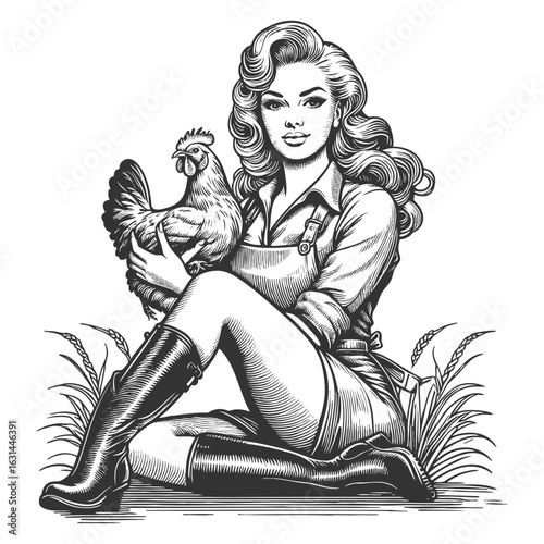 pin-up girl sitting on grass in farmwear, holding a chicken and wearing rubber boots sketch engraving generative ai fictional character vector illustration. Scratch board imitation. Black and white.