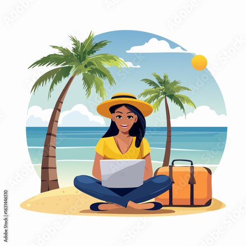 Colorful editable vector of a travel blogger working on a laptop with suitcase and camera beside, tropical destination background with palm trees and ocean