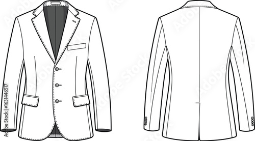 Flat fashion technical sketch of men’s tailored blazer, suit jacket front and back view, formal wear design template
