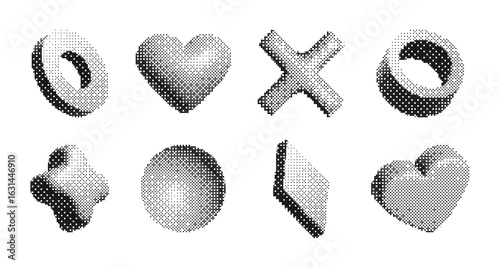 Y2k brutalism pixel art collection with geometric shapes and halftone gradients for retro design. Modern abstract elements with dotted texture and monochrome style. Digital vintage aesthetic set.