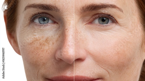 Split Face Comparison of a Caucasian Woman Before and After Skincare Treatment Showing Hyperpigmentation, Freckles, and Enlarged Pores on One Side and Smooth, Even-Toned Skin on the Other