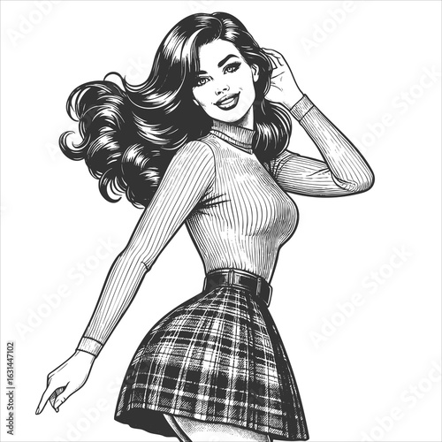 pin-up girl wearing a plaid skirt and tight turtleneck, smiling and posing playfully sketch engraving generative ai fictional character vector illustration. Scratch board imitation. Black and white.
