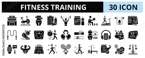30 Fitness Training Glyph Icons Vector - Workout, exercise, training, sport, fitness, equipment, gym, body 