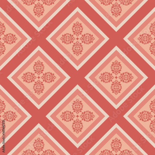 A geometric pattern of decorative squares, filled with floral designs, repeating across the image. The colors are a soft and warm palette of reds and oranges.