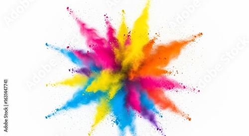 Explosion of vibrant multi-colored powder paint on a clean white background
