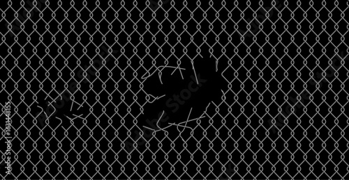 Chain link fence mesh pattern with torn metal texture and broken wire grid for urban industrial background. Damaged security barrier with holes and ripped sections. Black metallic fencing material.