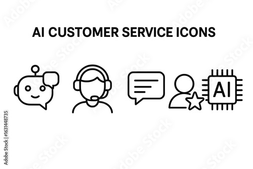 AI Customer Service Icon Set with Chatbot, Headset, Speech Bubble, User Rating Star, and AI Technology Outline Vector Illustration for Customer Support and Communication