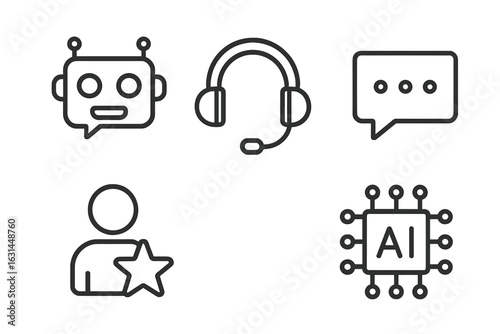 AI customer support icons outline set – chatbot speech bubble, contact center headset, user rating star, microchip artificial intelligence symbol – thin line vector isolated on transparent background