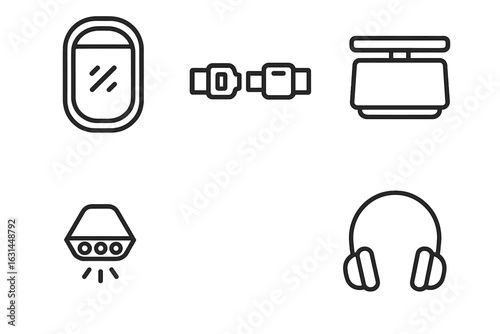 Airplane travel essentials icon set outline style – aircraft window seat view, seatbelt buckle, inflight tray table, overhead reading light, onboard headphones – minimalist black line vector