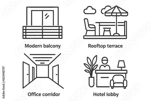 Linear architectural amenities icon pack—modern balcony railing, rooftop terrace furniture with sunshade, office hallway perspective, hotel lobby reception desk with plant—minimal outline vector set