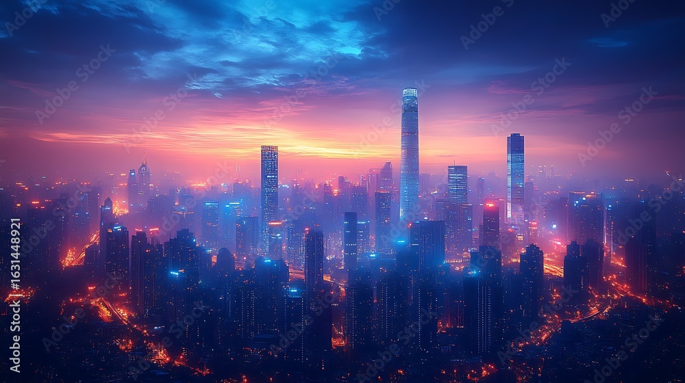 Fototapeta premium Cityscape at twilight building illuminated