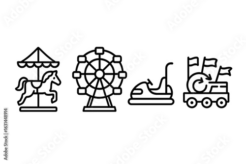 Carnival amusement park outline icon set with carousel horse, Ferris wheel, bumper car, tilt-a-whirl float, funfair parade ride symbols, black linear vector illustration on transparent background