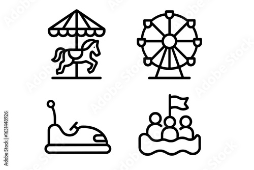 Outline amusement park ride icons set. Carousel horse, Ferris wheel, bumper car, water raft parade float. Simple line style fairground attractions vector illustration, transparent background