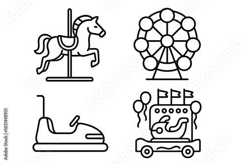 Carnival amusement park outline icon set, carousel horse, Ferris wheel, bumper car, parade float, tilt-a-whirl ride, festival entertainment, funfair attraction vector illustration collection