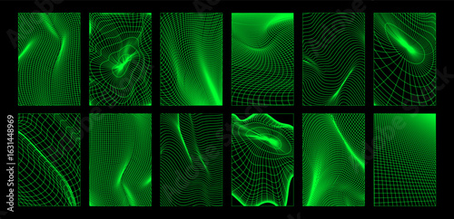 Y2k grid background set with neon green wireframe patterns for retro futuristic design and digital art. Glowing mesh textures with curved perspective lines. Cyberpunk aesthetic for posters or web.