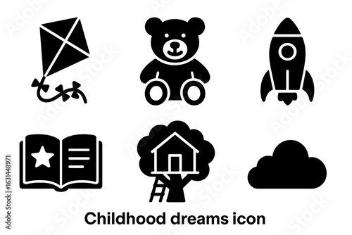Childhood dreams icon set – solid filled vector symbols of kite flying, teddy bear toy, kids rocket ship, treehouse in oak, bedtime storybook, fluffy cloud, imaginative play, transparent background