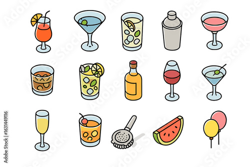 Isometric cocktail glass icons set with margarita martini whiskey wine bottle shaker citrus garnish and party elements for bar menu mixology drinks vector illustration transparent background