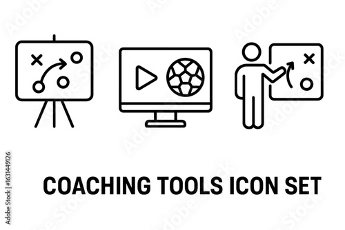 Coaching tools outline icon set—strategy whiteboard, tactical game plan, soccer video analysis, trainer presenting tactics board, sports practice planning—vector illustration on transparent background