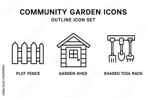 Community garden outline icons set, urban plot fence, wooden shed, shared hand tools rack, sustainable gardening equipment, minimal linear style vector illustration for eco agriculture layouts