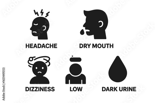 Dehydration symptoms icons set — headache, dry mouth drooling, dizziness swirl, low blood pressure person, dark urine drop silhouette — black medical pictograms isolated on transparent background