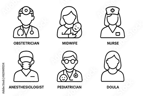 Childbirth delivery medical team outline vector icon set with obstetrician, midwife, labor nurse, anesthesiologist, pediatrician, doula, neonatal care. Editable stroke, transparent
