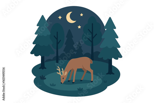 Majestic nocturnal deer grazing in moonlit evergreen forest clearing, twilight wildlife scene, night woodland landscape, crescent moon sky, tranquil wilderness nature illustration vector