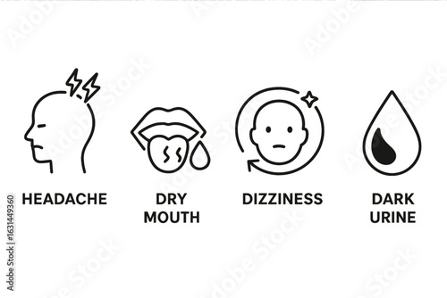 Dehydration symptoms icon set — line style headache, dry mouth, dizziness swirl, dark urine drop warning, health risk hydration deficit medical infographic isolated vector